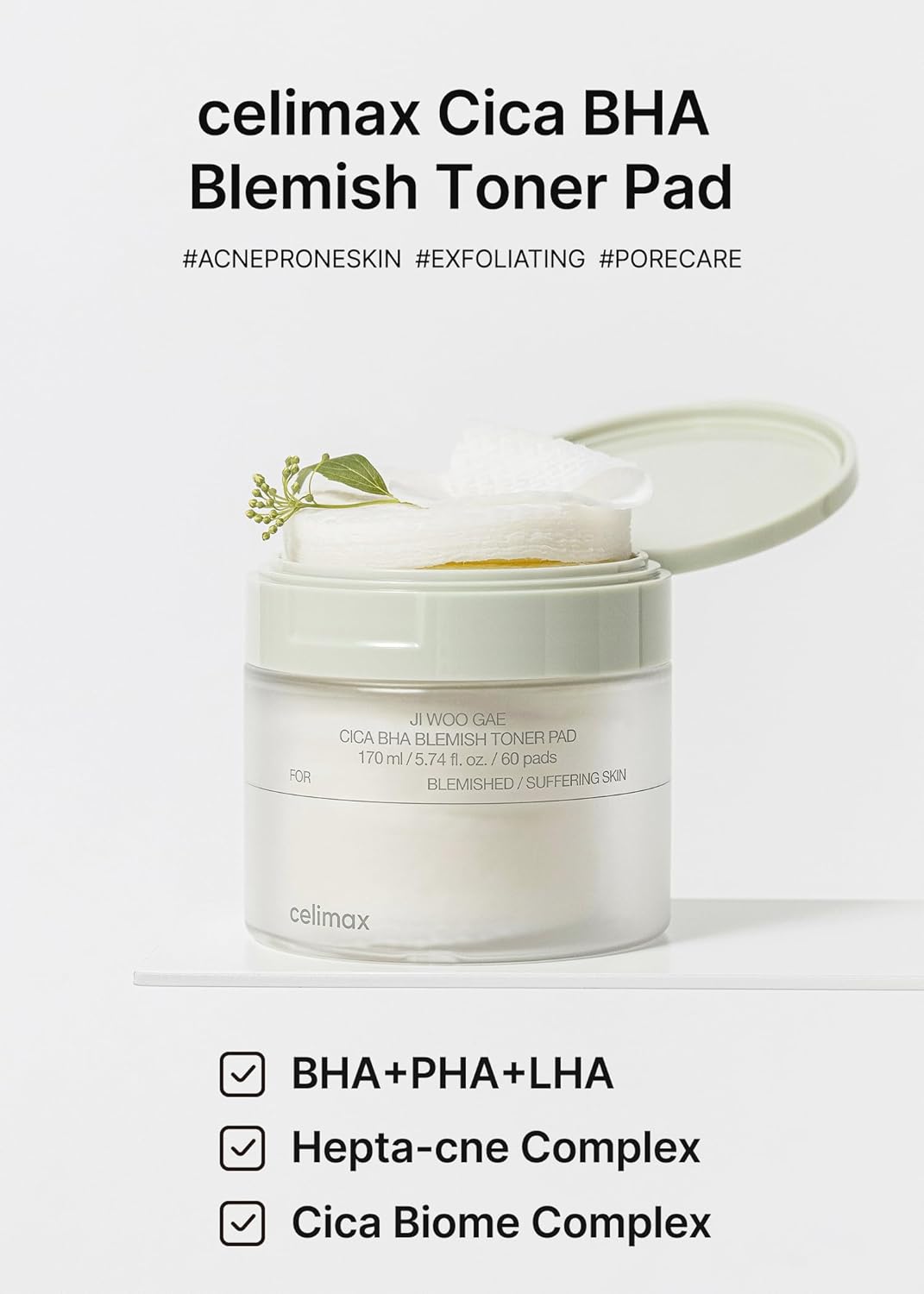 CELIMAX Ji Woo Gae Cica BHA Blemish Toner Pad 170ml - Image 4
